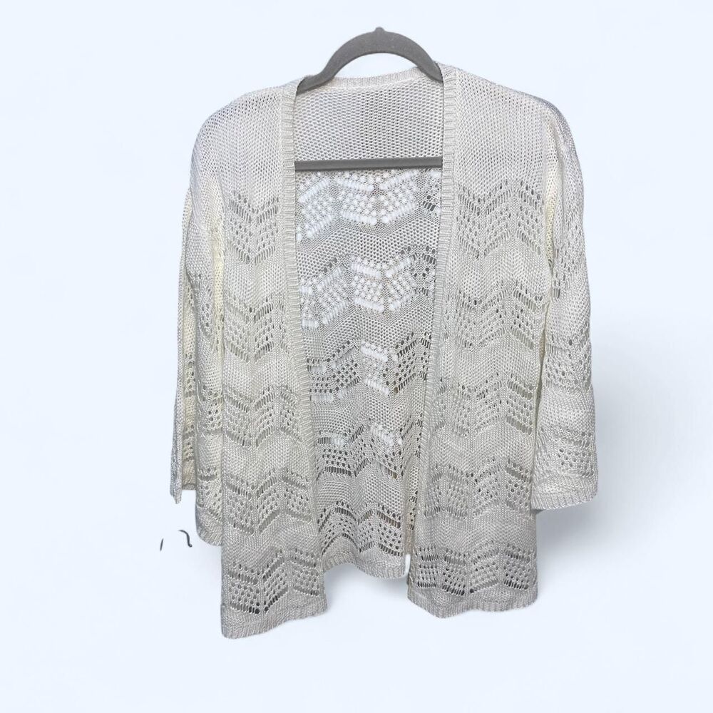 White Pointelle Open Front Chevron Knit Cardigan Sweater Size M